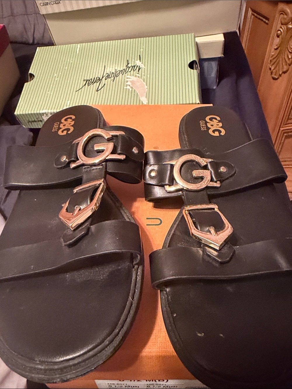 Guess Black Slide Sandals with Gold-Tone G Accents